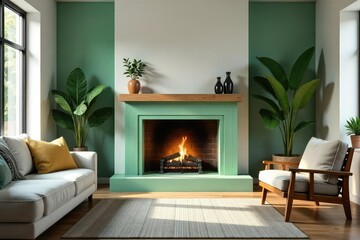 A cozy living room featuring a fireplace with a hearth painted a calming shade of green, surrounded by comfortable furniture and natural textures , cottage, minimalist, furniture
