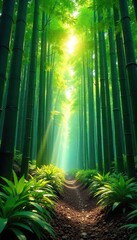 Dense bamboo forest, sunlight filtering through the tall stalks, creating dappled shadows on the forest floor Lush green foliage, serene and tranquil atmosphere , nature, bamboo