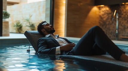 Elegant Businessman Relaxing in a Luxurious Indoor Pool with a Suit On