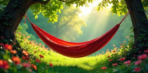 Sun-drenched hammock swaying gently in a breeze, surrounded by lush green foliage and vibrant wildflowers Perfect for relaxation and escaping the heat , green, idyllic