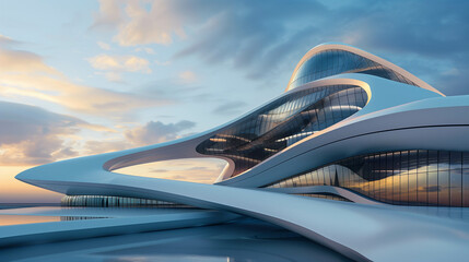 Obraz premium Futuristic white curved architectural structure with reflective glass and dramatic sky