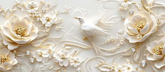 Luxurious 3D wallpaper with white and gold floral designs, featuring sparkling diamonds, gemstones, and elegant birds in the ornate style of a floral artist.

