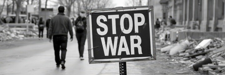 Stop war sign in a devastated area.