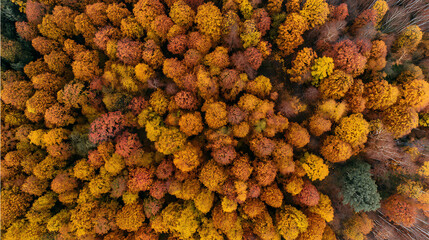 Aerial drone shot of colorful autumn forest with orange and yellow tree canopy