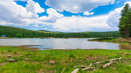 Summer Landscape of Odell Lake in Mund's Park surrounded by forest near Flagstaff, Arizona - monsoon clouds building in Northern Arizona