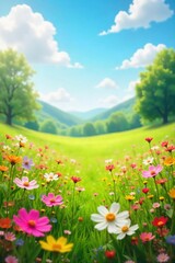 Fototapeta premium A vibrant spring scene bursting with wildflowers in a sun-drenched meadow, conveying a feeling of carefree joy and natural beauty Perfect for themes of freedom, renewal, and optimism , field, green