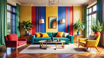 Living Room With Bold Color Blocking Sculptural Decor and Contemporary Touch