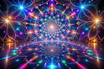 Fototapeta premium Radiant Celestial Mandala A Mystical Illuminated Stage Setting with Glowing Floral Patterns and Reflective Floor