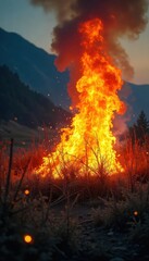 A dramatic close-up of vibrant wildfire flames licking at dry brush, intense heat and smoke billowing upward Perfect for environmental, disaster, or nature-themed projects , hot, wilderness, dry