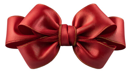 Elegant red satin ribbon bow with gold trim for festive decorations and gift wrapping isolated on transparent background