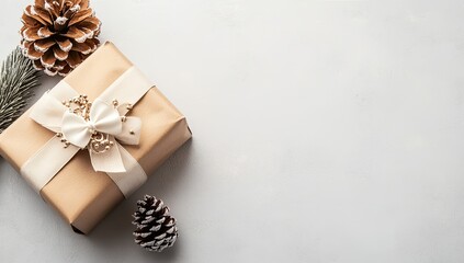 A light beige gift box, tied with a cream ribbon, sits amidst wintery pine cones and greenery
