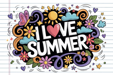A colorful doodle art with the words i love summer surrounded by flowers, sun, clouds and butterflies


