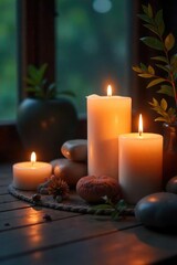 Candles illuminate a peaceful space, soft light casting ethereal glows on natural elements Perfect for meditation, yoga, mindfulness, and spiritual themes , ambiance, holistic