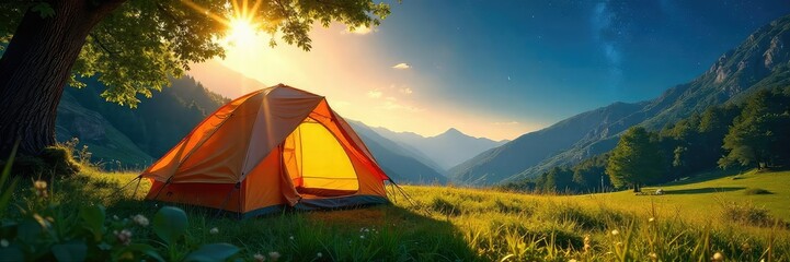 A spacious dome tent pitched in a lush green meadow, sunlight dappling through the fabric  Ready for adventure and a peaceful night under the stars , dome tent, night, poles