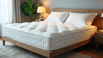 A plush, inviting mattress sits neatly on a bed frame, ready for a comfortable night's sleep The crisp white bedding adds to the overall sense of cleanliness and relaxation , firm, foam
