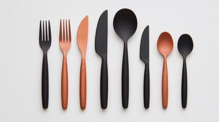 Black and Copper Modern Flatware Set on White Textured Background