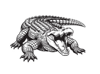A fearsome black and white vector illustration of a crocodile with its mouth wide open, teeth exposed. Reptile.