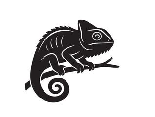 A sleek black vector illustration of a chameleon perched on a branch, showcasing its distinctive shape. Reptile.