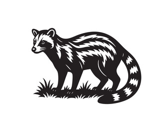 A striking black and white vector illustration of a civet standing, highlighting its distinctive markings. Wildlife Animals.