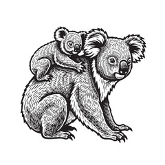A heartwarming black and white vector illustration of a mother koala with her cub on her back. Wildlife Animals.