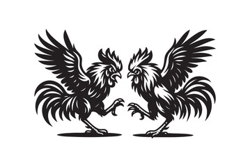 Two aggressive roosters engaged in a vector illustration of a cockfight, wings spread and talons ready. Farm animals.