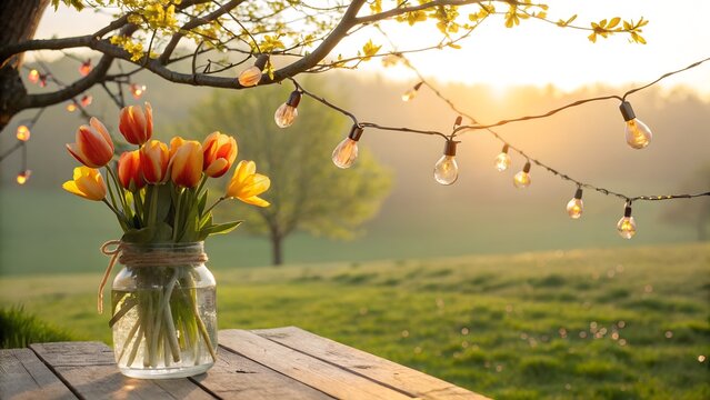 Warm sunset light illuminates a rustic wooden table with a jar of vibrant orange and yellow tulips and glowing string lights hanging from a tree branch - Powered by Adobe