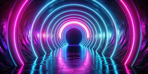 Abstract Neon Tunnel with Vibrant Pink and Blue Lighting Effects in a Reflective Environment