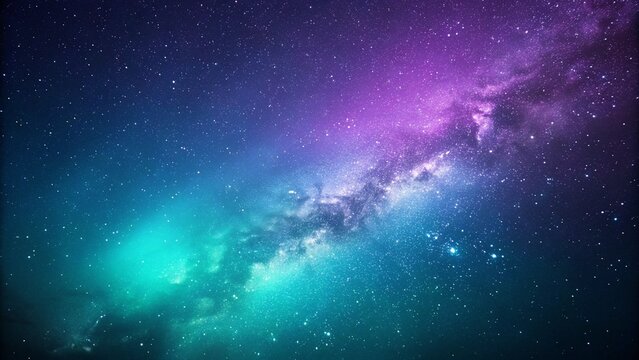 Vibrant cosmic nebula with glowing stars and a gradient of deep blue to purple and teal hues