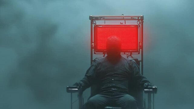 Man in chair staring at glowing red screen in fog