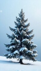 Obraz premium A single, majestic fir tree stands alone in a snowy landscape, its branches laden with fresh, untouched snow The serene scene evokes feelings of winter solitude and natural beauty , ecology, rural