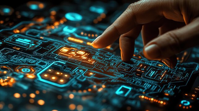 A hand interacts with a glowing circuit board