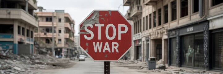 Obraz premium Stop war sign in a war-torn city street.