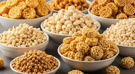 Assorted puffed grains and cereals in bowls