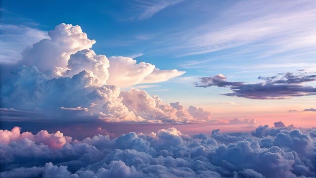 Majestic cumulonimbus clouds illuminated by golden sunset light above a sea of soft clouds - Powered by Adobe
