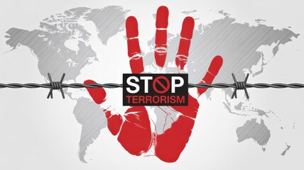 Global opposition to terrorism shown by a red handprint over a world map.