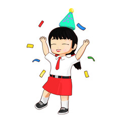 3D illustration of a happy schoolgirl celebrating with confetti and a party hat, symbolizing joy, fun, and excitement for educational content.