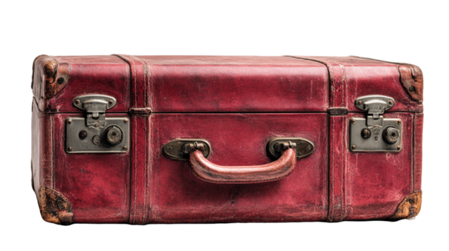Vintage Maroon Leather Suitcase with Metal Clasps, PNG