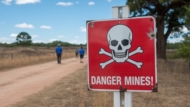 Warning sign for landmines on a dirt road.