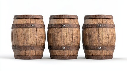 Fototapeta premium Three Aged Wooden Barrels on White Background