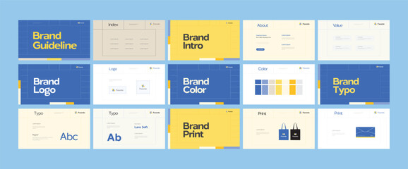 Brand identity design template. Creative brand guidelines layout. Logo and brand strategy guide. Brand manual presentation. Brand strategy design. Logo guideline book.