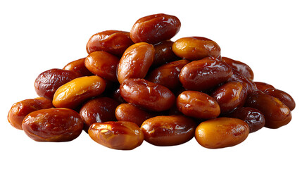 A pile of glistening sweet dates with a rich amber hue isolated on transparent background