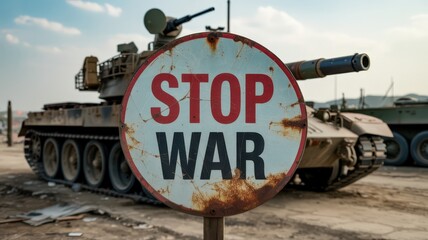Stop war sign in front of a military tank.