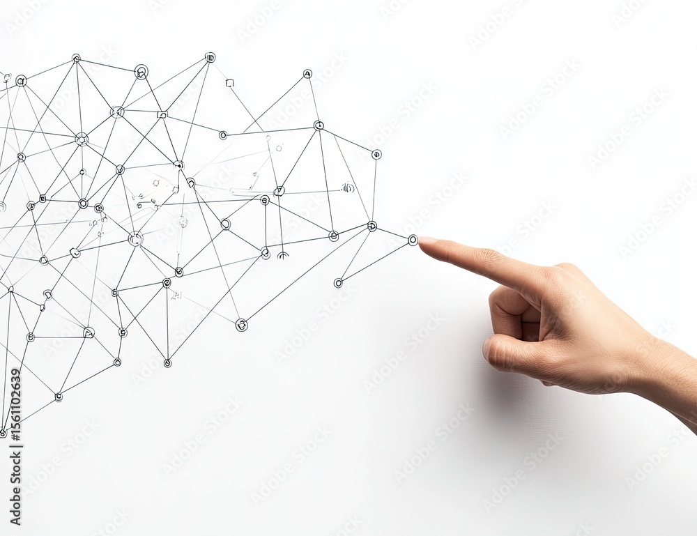 Poster a hand points towards a complex network of interconnected lines and dots on a white background