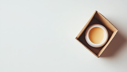 Cream jar in a cardboard box on a white surface