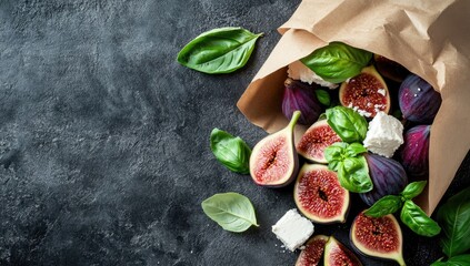 Figs, feta, and basil in kraft paper bag on dark background