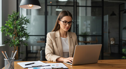 Fototapeta premium Smiling young businesswoman works professionally on her laptop at an office desk