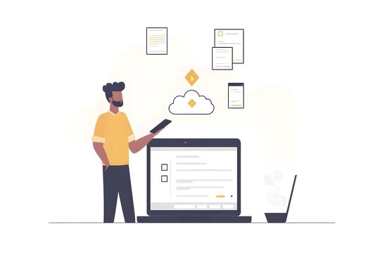 A digital cloud upload icon is shown on a businessman's phone as he sends files. Documents float above a nearby laptop to visualize online transfer.

