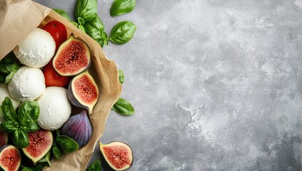 Fresh mozzarella, figs, tomatoes, and basil in kraft paper