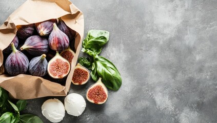 Fresh figs, mozzarella, and basil in brown paper