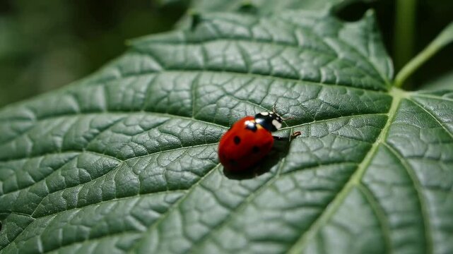 Ladybug insect with red and black colors green leaf nature, macro forest closeup, vibrant summer outdoor wildlife, small garden bug animal detail